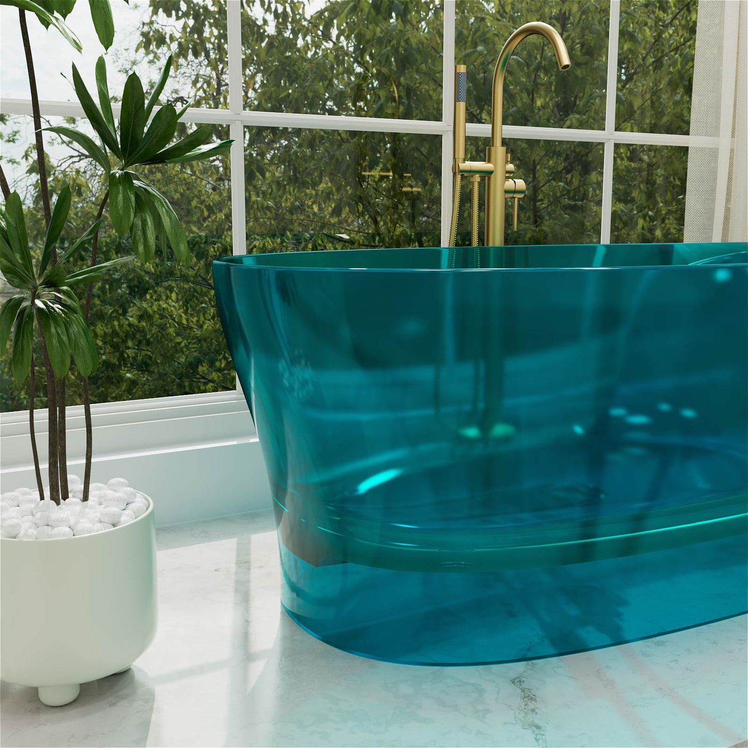 63 inch resin soaking tub with vibrant teal transparent look