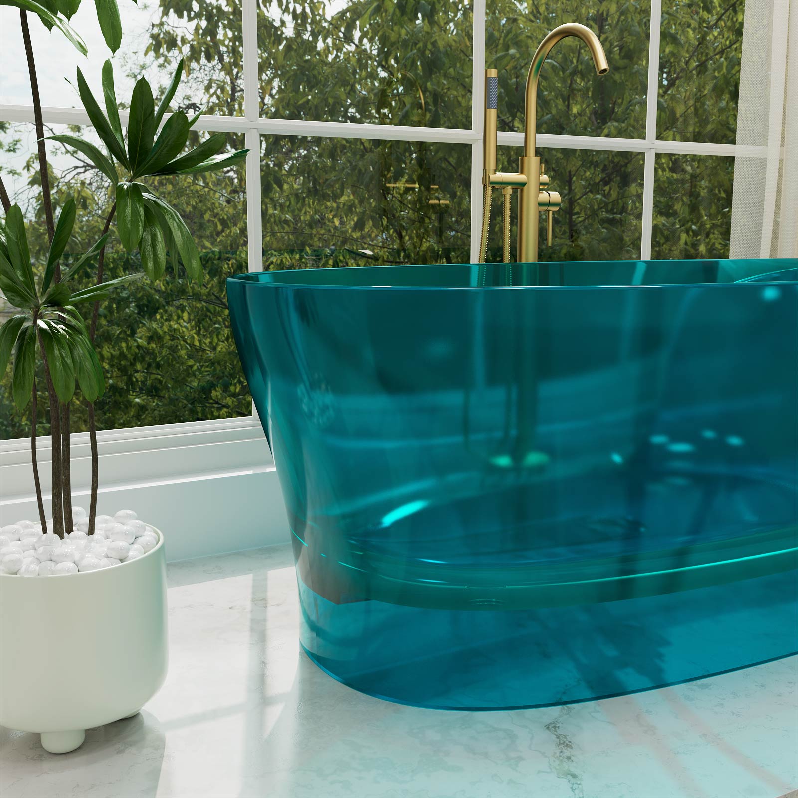 63 inch resin soaking tub with vibrant teal transparent look