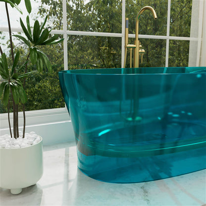 63 inch resin soaking tub with vibrant teal transparent look