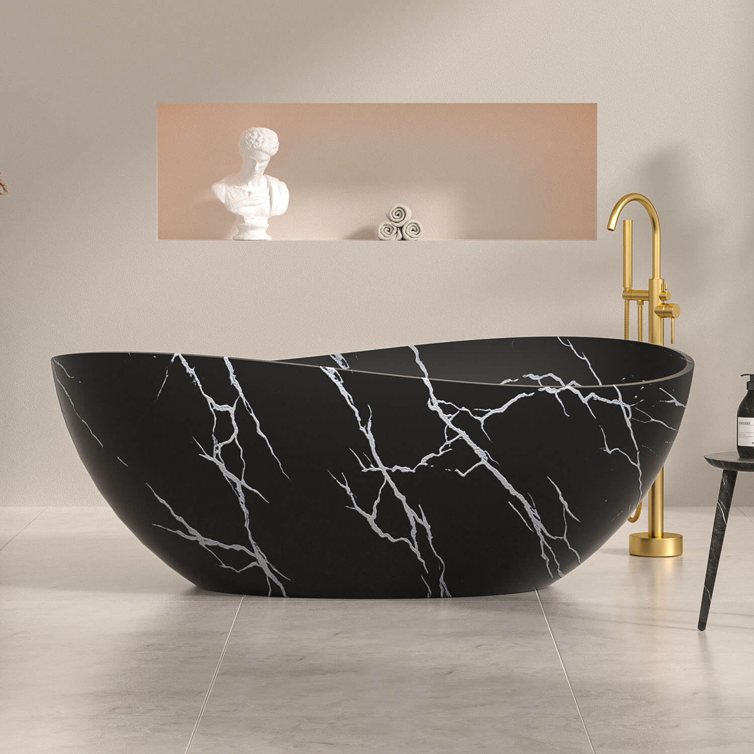 63 inch Black Freestanding Bathtub with White Marble Veining