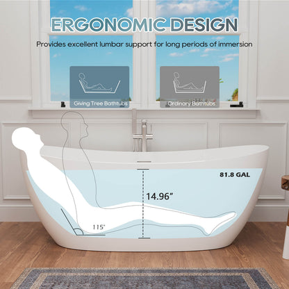 63&quot; Stone Resin Double Slipper Tub Center Drain Freestanding Soaking Bathtub