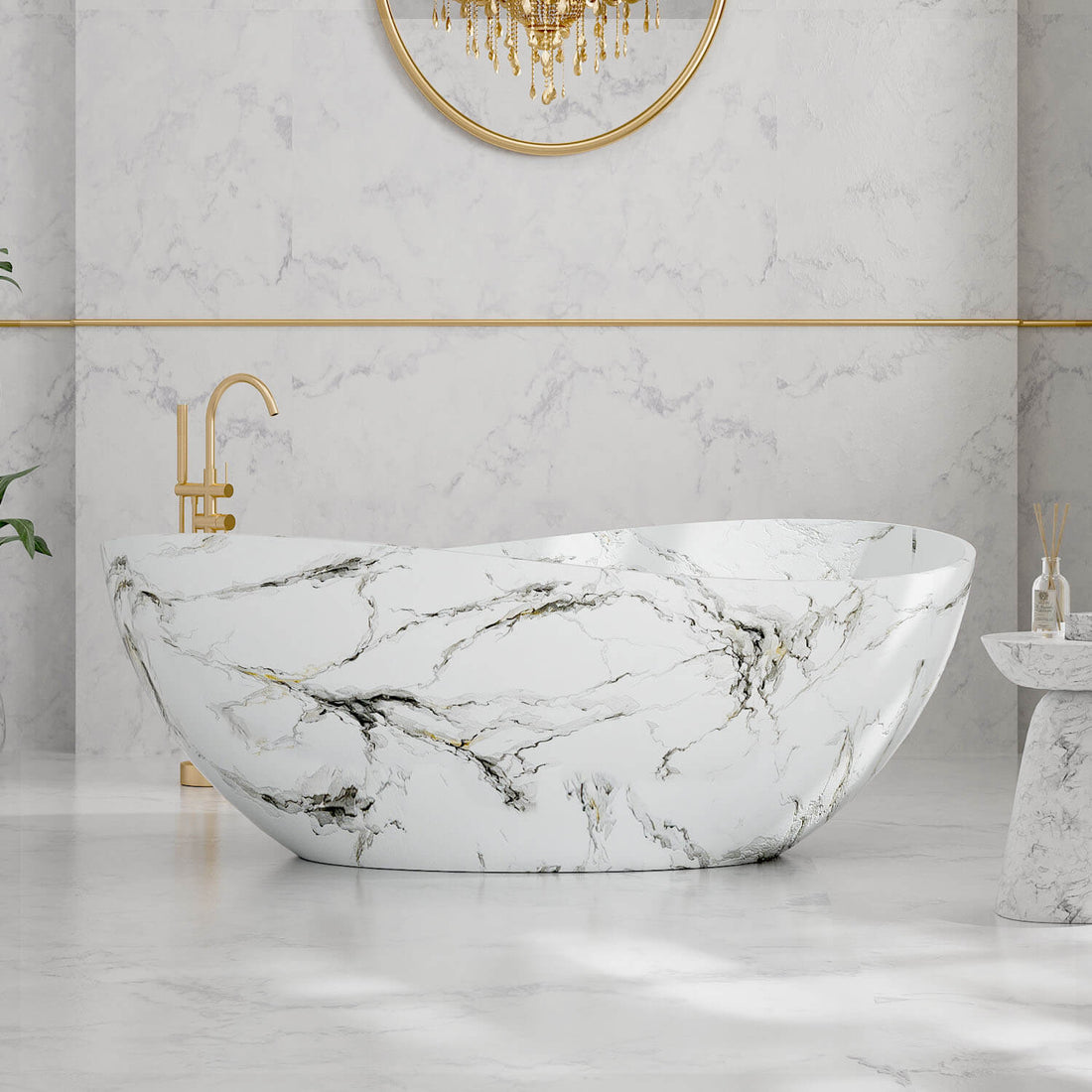63 inch wave design white freestanding bathtub with gray marble veining