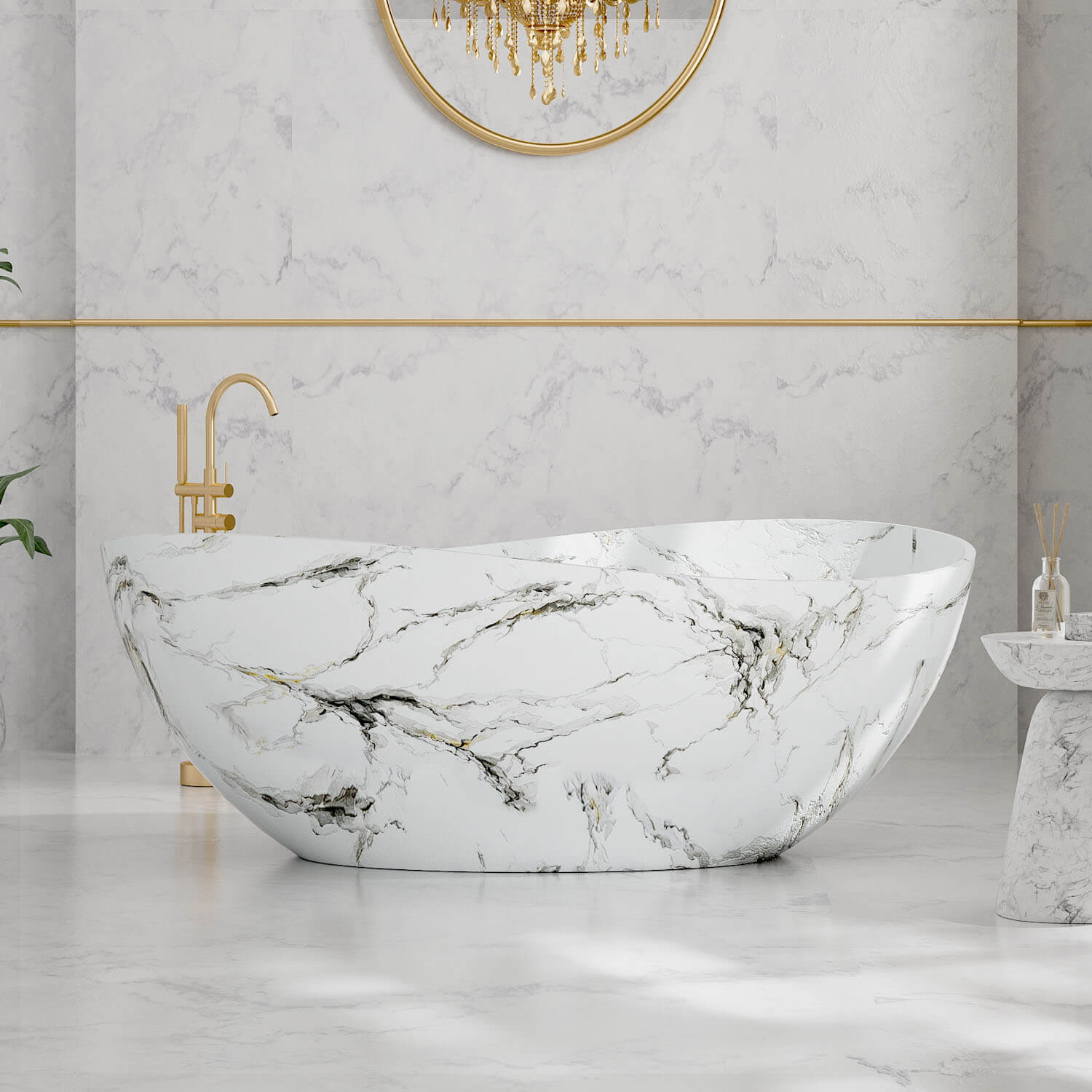 63 inch wave design white freestanding bathtub with gray marble veining