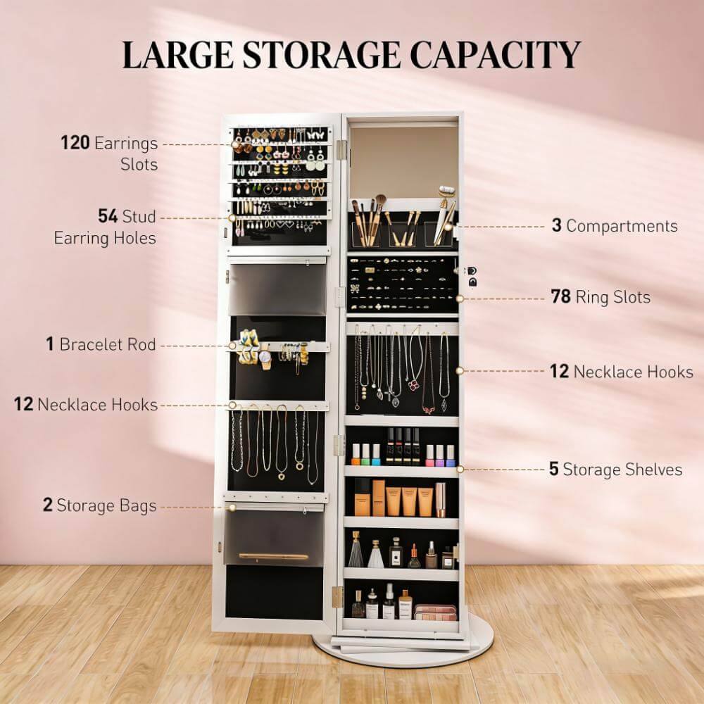 Lockable 360° White Swivel Full-Length Jewelry Cabinet Mirror with Storage Shelves