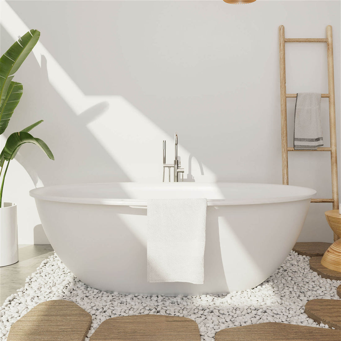 63" Solid Surface Stone Resin Tub Freestanding Soaking Bathtub with Towel Rack Shelf