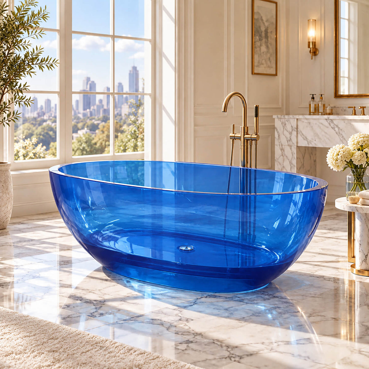 Angled view of a transparent blue oval resin bathtub with a freestanding brass-colored faucet in a sunlit bathroom.