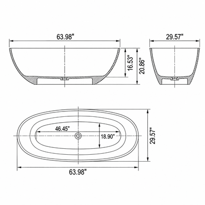 Technical drawing of an oval bathtub showing 63.98-inch length, 29.57-inch width and 46.45 by 18.90-inch interior floor.