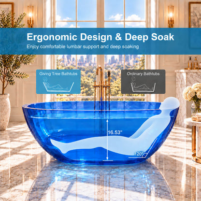 Ergonomic soaking diagram of a transparent blue bathtub with a reclining silhouette, 16.53-inch depth and 120-degree backrest angle.