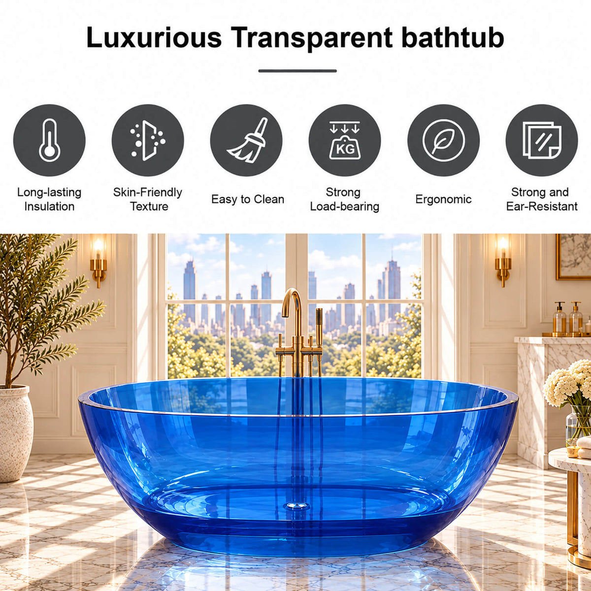 Feature overview graphic for a transparent blue resin bathtub with icons for insulation, surface texture, cleaning and ergonomic design.