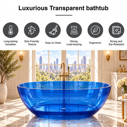 Feature overview graphic for a transparent blue resin bathtub with icons for insulation, surface texture, cleaning and ergonomic design.