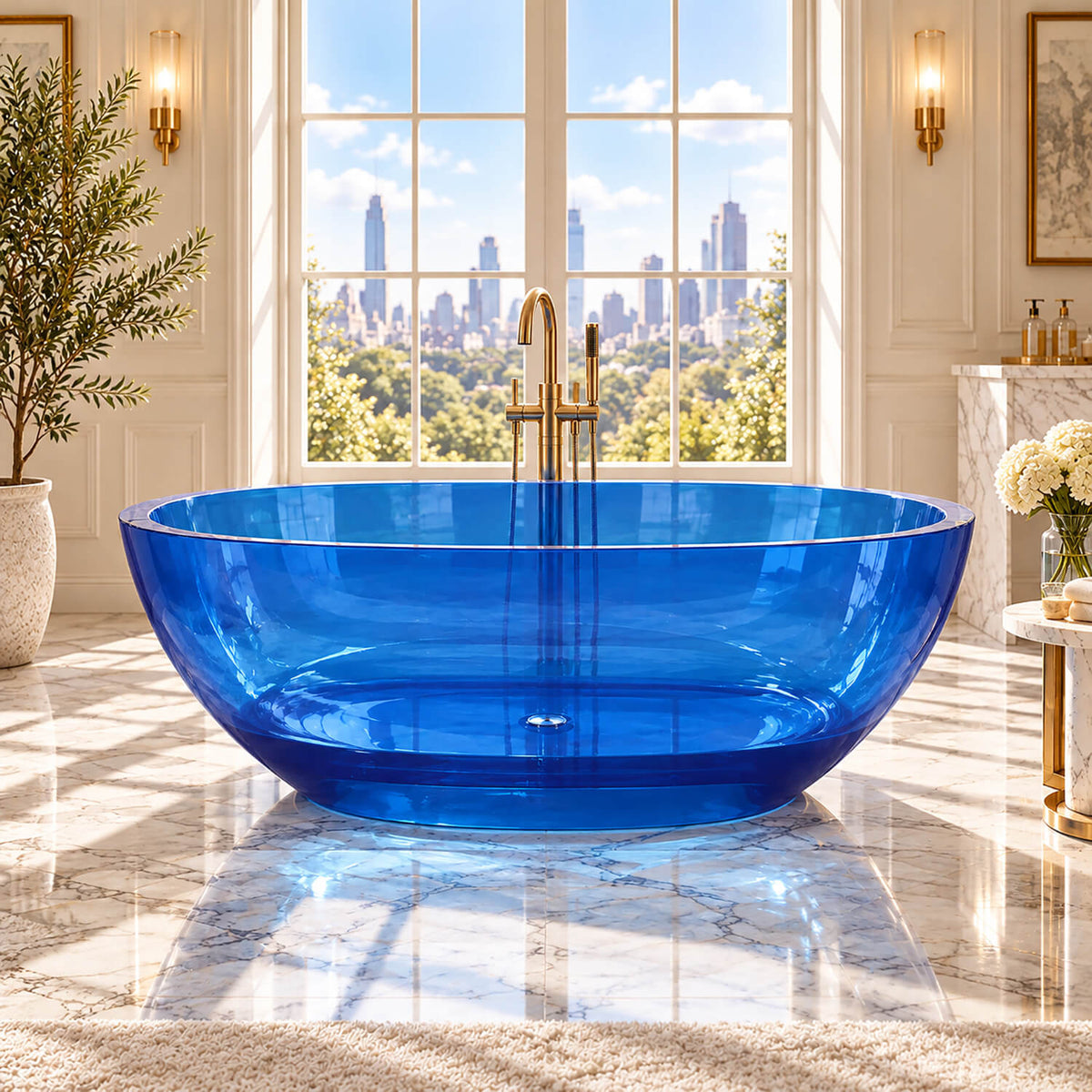 Front view of a 64-inch transparent blue resin freestanding bathtub beside a large window in a marble bathroom.