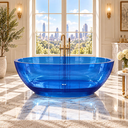 Front view of a 64-inch transparent blue resin freestanding bathtub beside a large window in a marble bathroom.