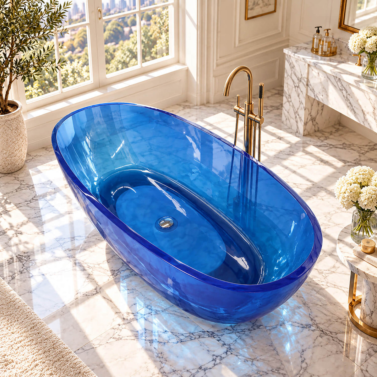 Overhead bathroom view of a transparent blue resin bathtub showing the oval basin and center drain.