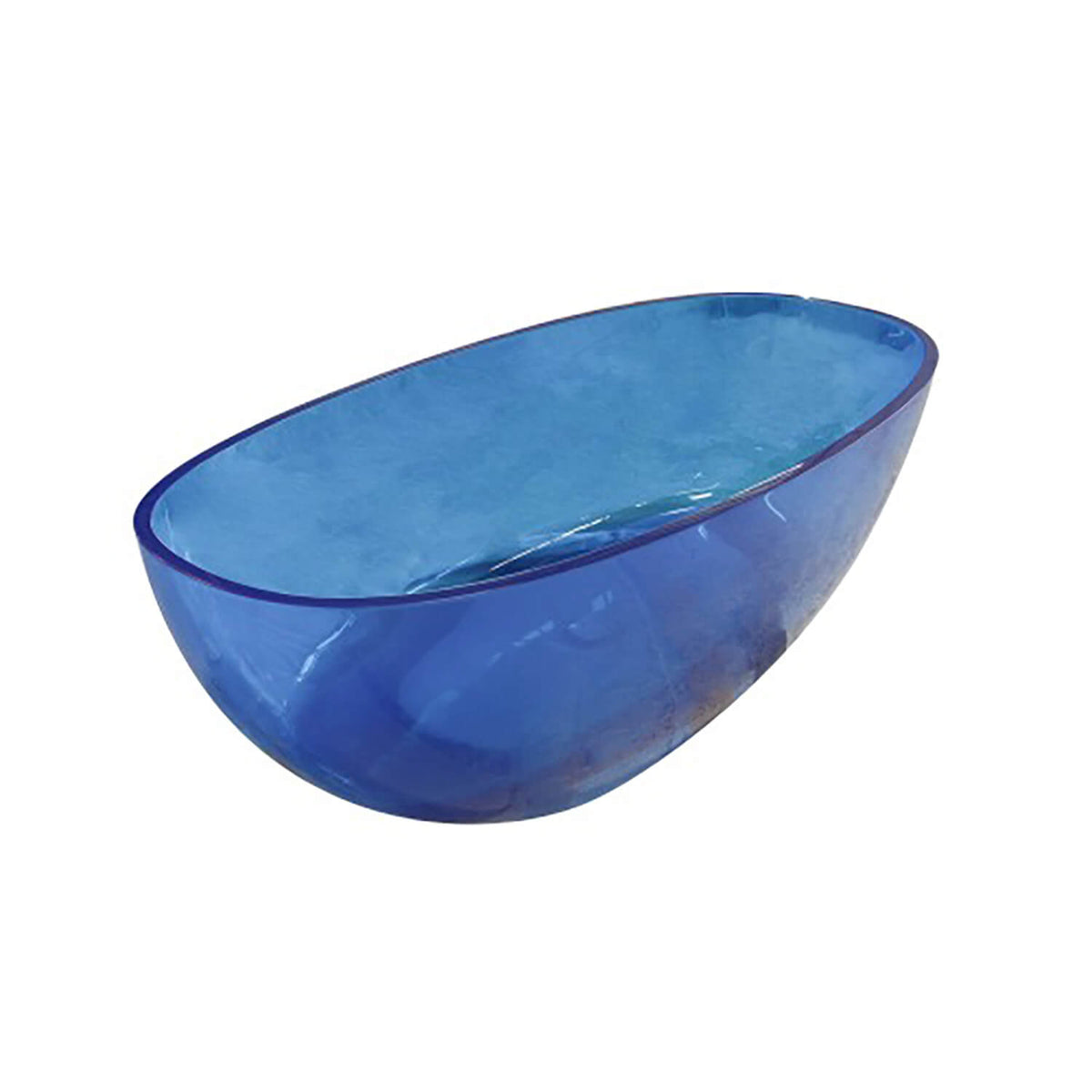 Rear angled view of a transparent blue resin freestanding bathtub showing the curved outer shell on a white background.