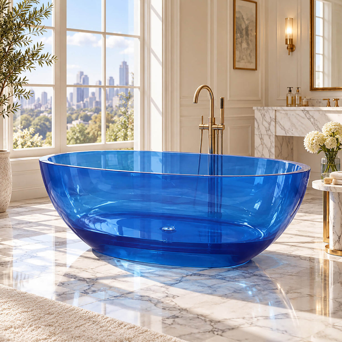Side view of a 64-inch transparent blue freestanding bathtub on a marble floor beside a window.