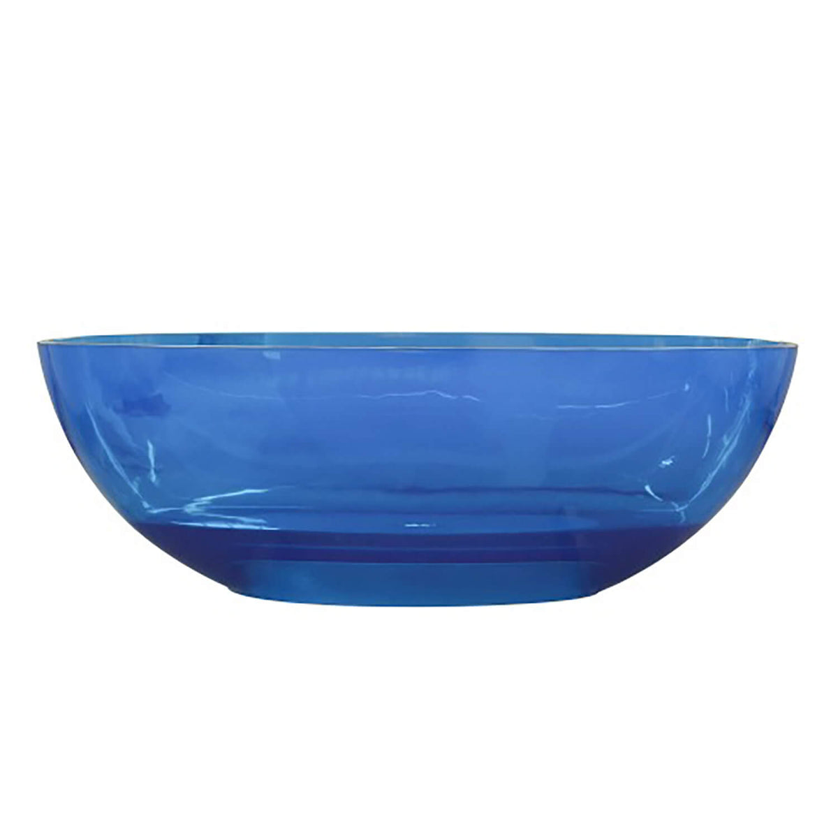 Side profile of a transparent blue oval resin freestanding bathtub on a white background.