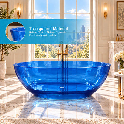 Material detail graphic showing the transparent blue resin bathtub and a close-up of its rounded rim.