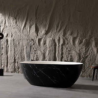 65 in Black Solid Surface Freestanding Bathtub with Marble Vein Design
