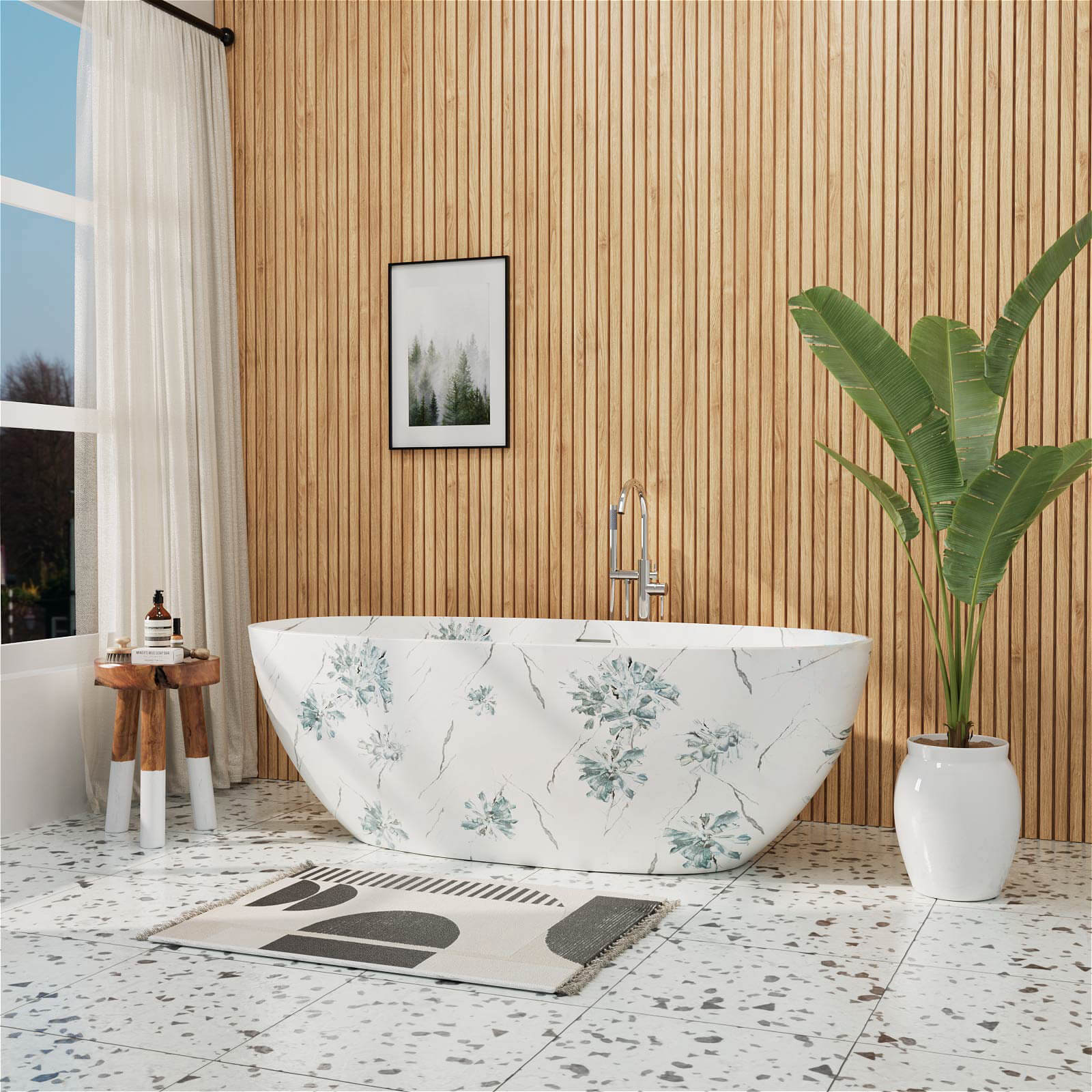 65 inch floral patterned freestanding bathtub front view