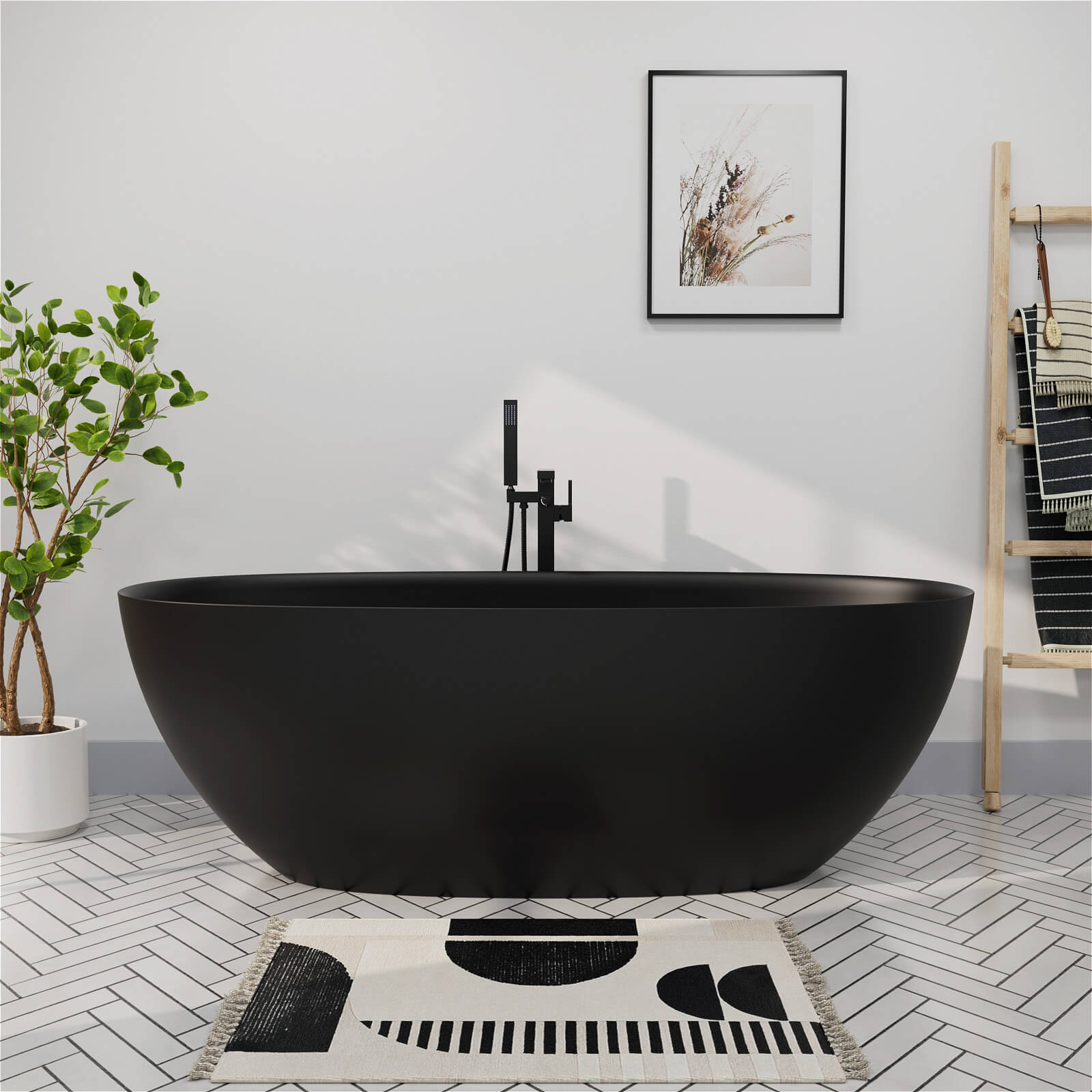 165 cm ovale, freistehende Badewanne aus massivem Kunststeinharz mit Überlauf