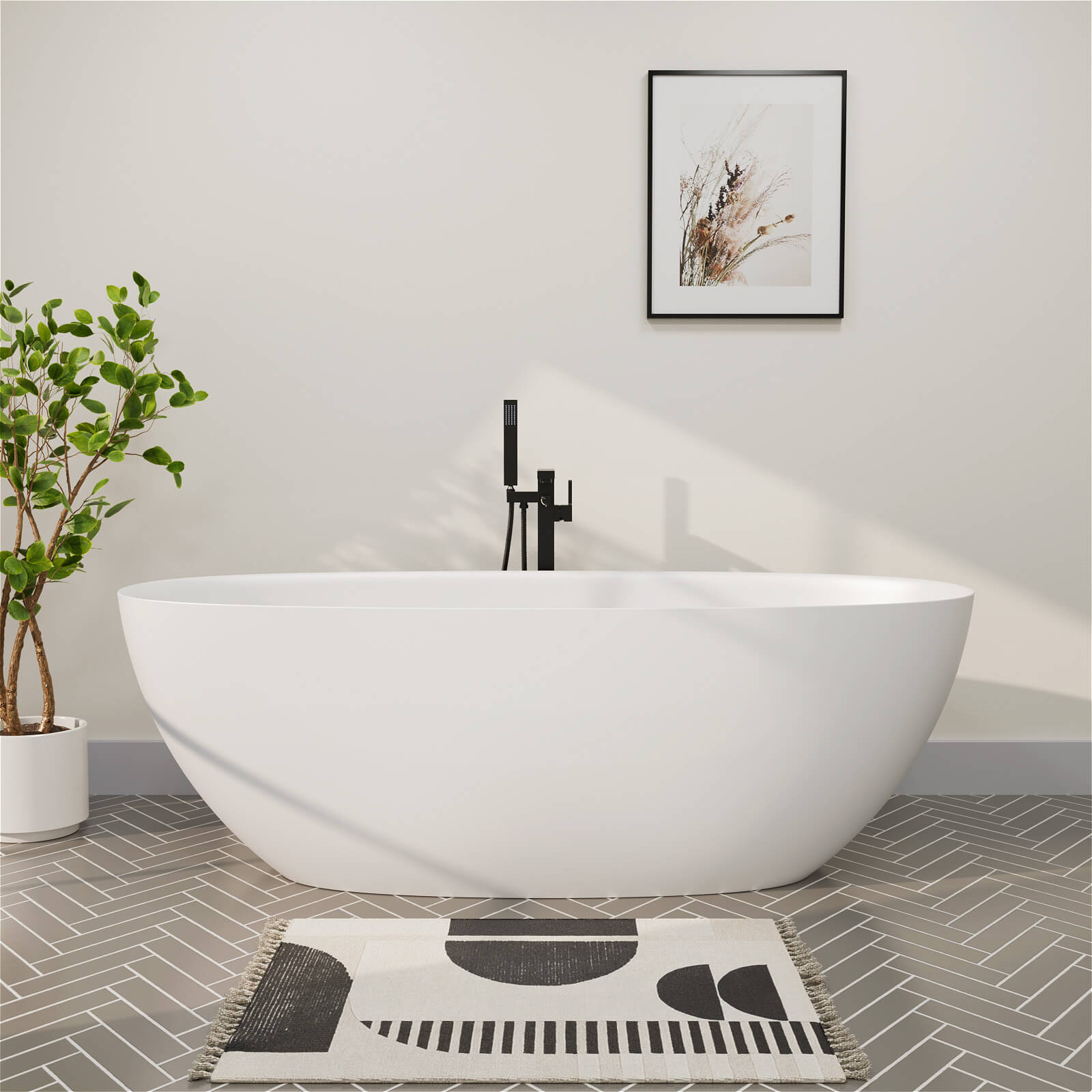 65 inch White Stone Resin Modern Oval Shaped Freestanding Soaking Bathtub