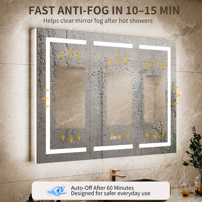 Anti-fog graphic for a 66 x 36-inch triple-door LED medicine cabinet with mirror, illustrating mirror clearing and automatic shutoff after 60 minutes.