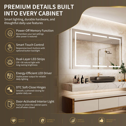 Feature graphic for a 66 x 36-inch triple-door LED medicine cabinet with mirror, highlighting touch controls, memory, LED lighting, hinges and interior lighting.
