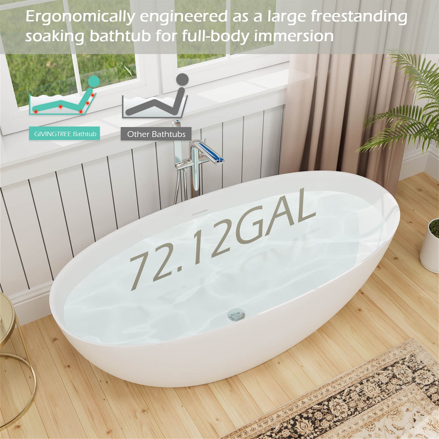 67 in Frosted Freestanding Bathtub Water Capacity Diagram