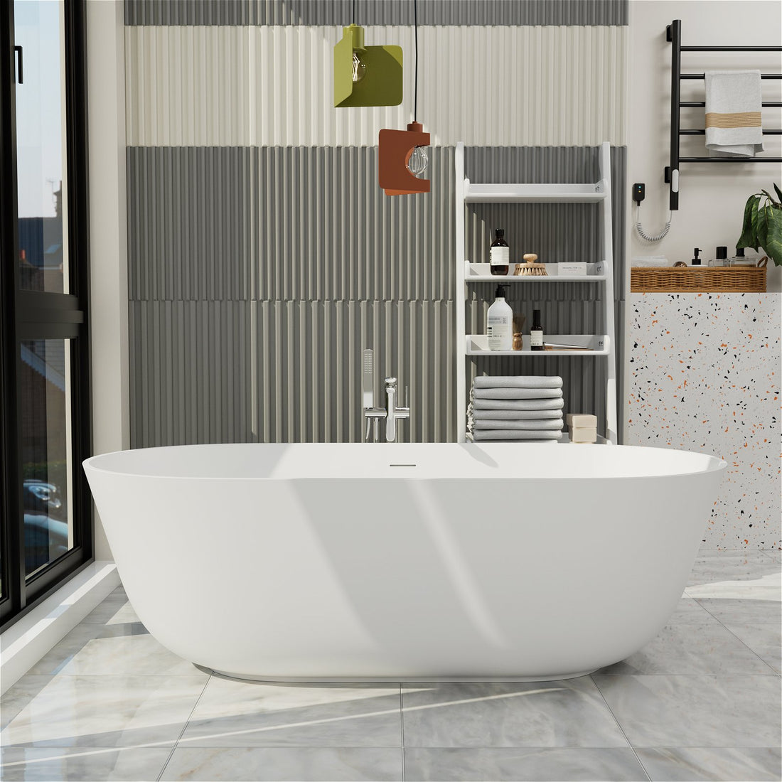 67 in Large Matte White Freestanding Bathtub with Overflow