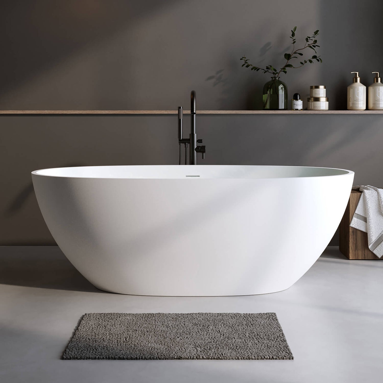 67 in Matte Solid Surface Bathtub with Thick Edge and Pop Up Drain