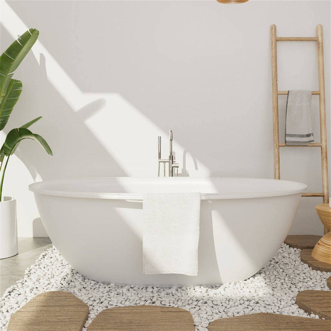 67 in Solid Surface Soaking Tub with Towel Rack
