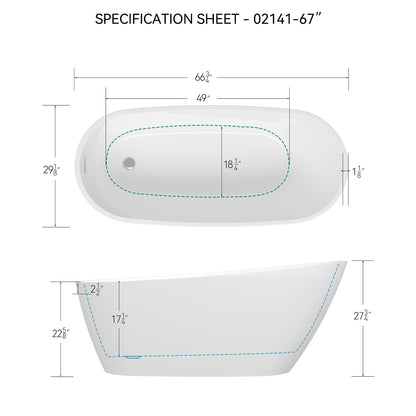 67 inch Ergonomic Single Slipper Acrylic Bathtub Dimensions Outline