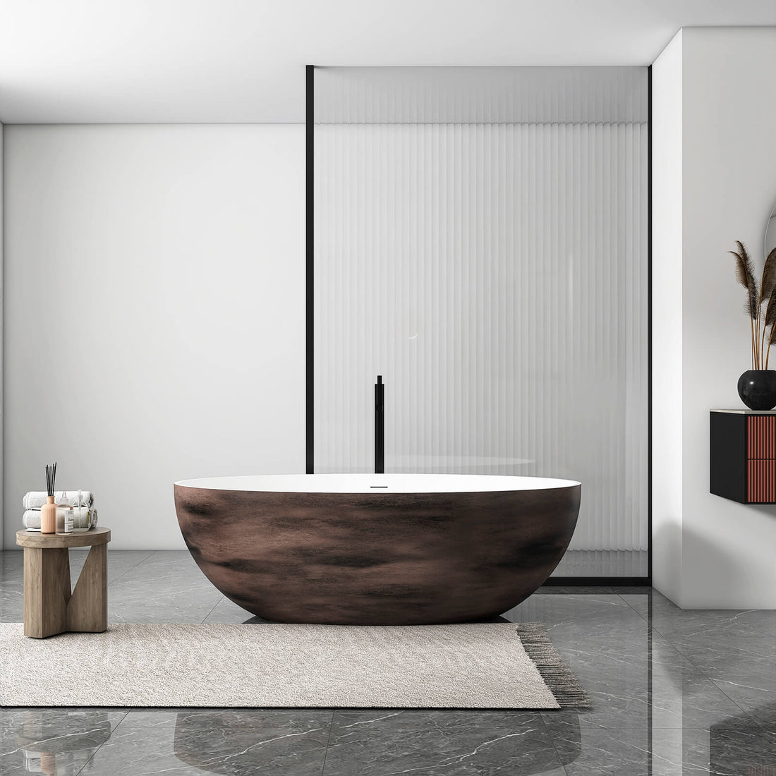 67 inch Walnut Finish Solid Surface Freestanding Soaking Tub
