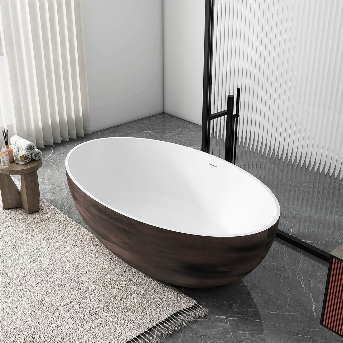 67 inch walnut finish freestanding soaking tub in bathroom
