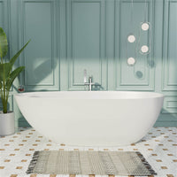 67'' Egg Shape Solid Surface Freestanding Bathtub with Storage Shelving, Stone Resin Soaking Tub