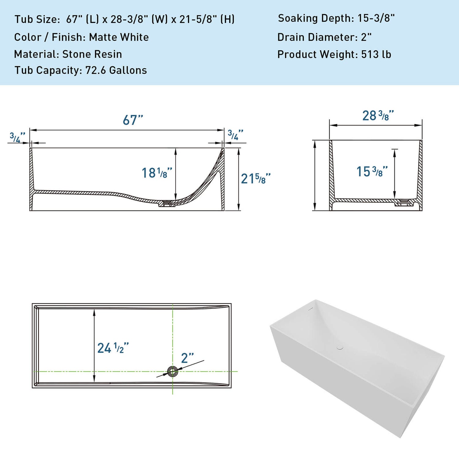 67&quot; Freestanding Rectangular Bathtub with Ergonomic Backrest