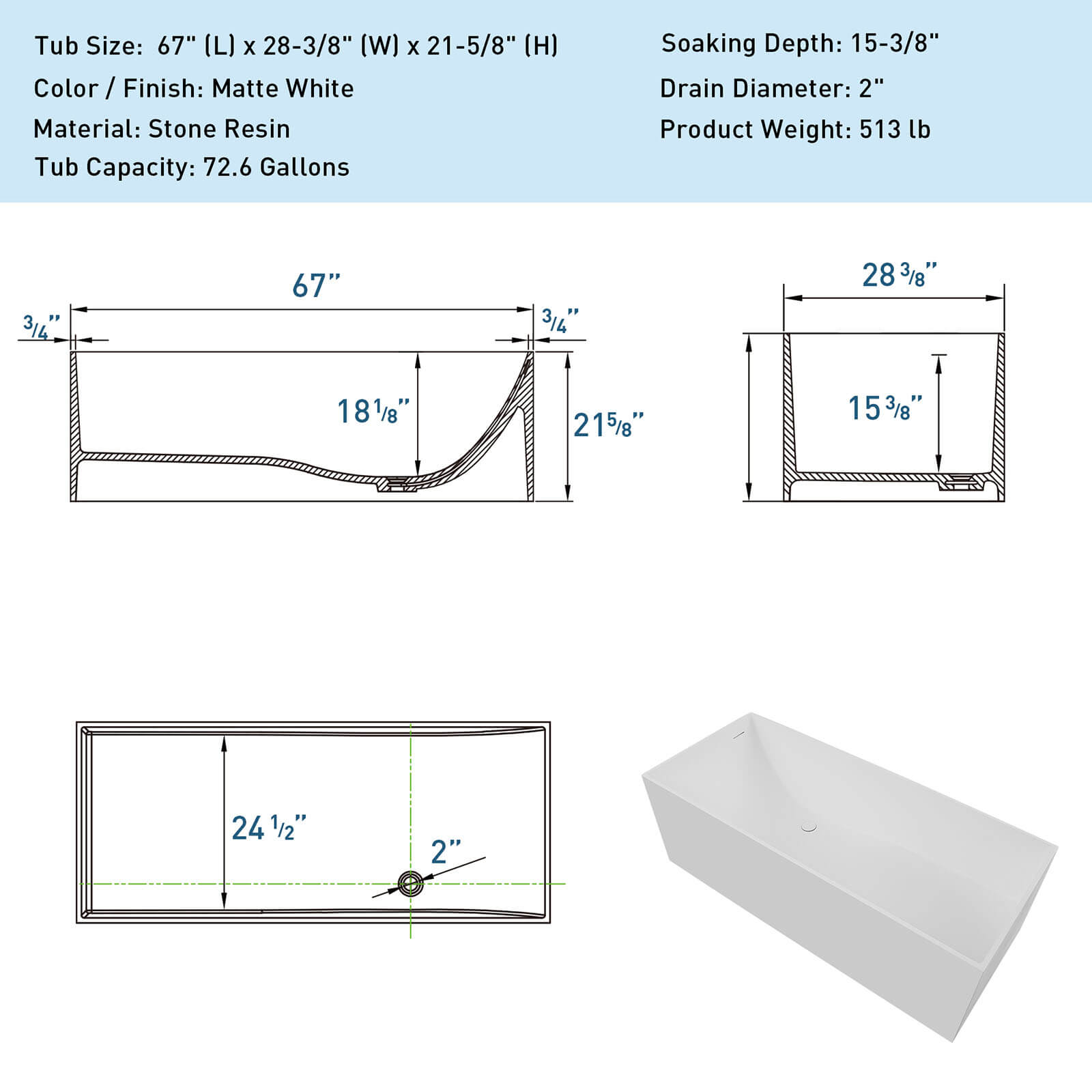 67&quot; Freestanding Rectangular Bathtub with Ergonomic Backrest