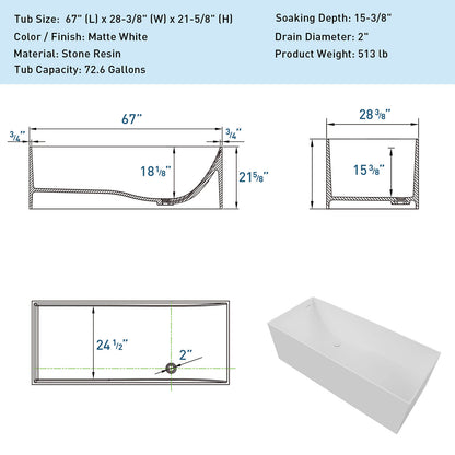 67&quot; Freestanding Rectangular Bathtub with Ergonomic Backrest