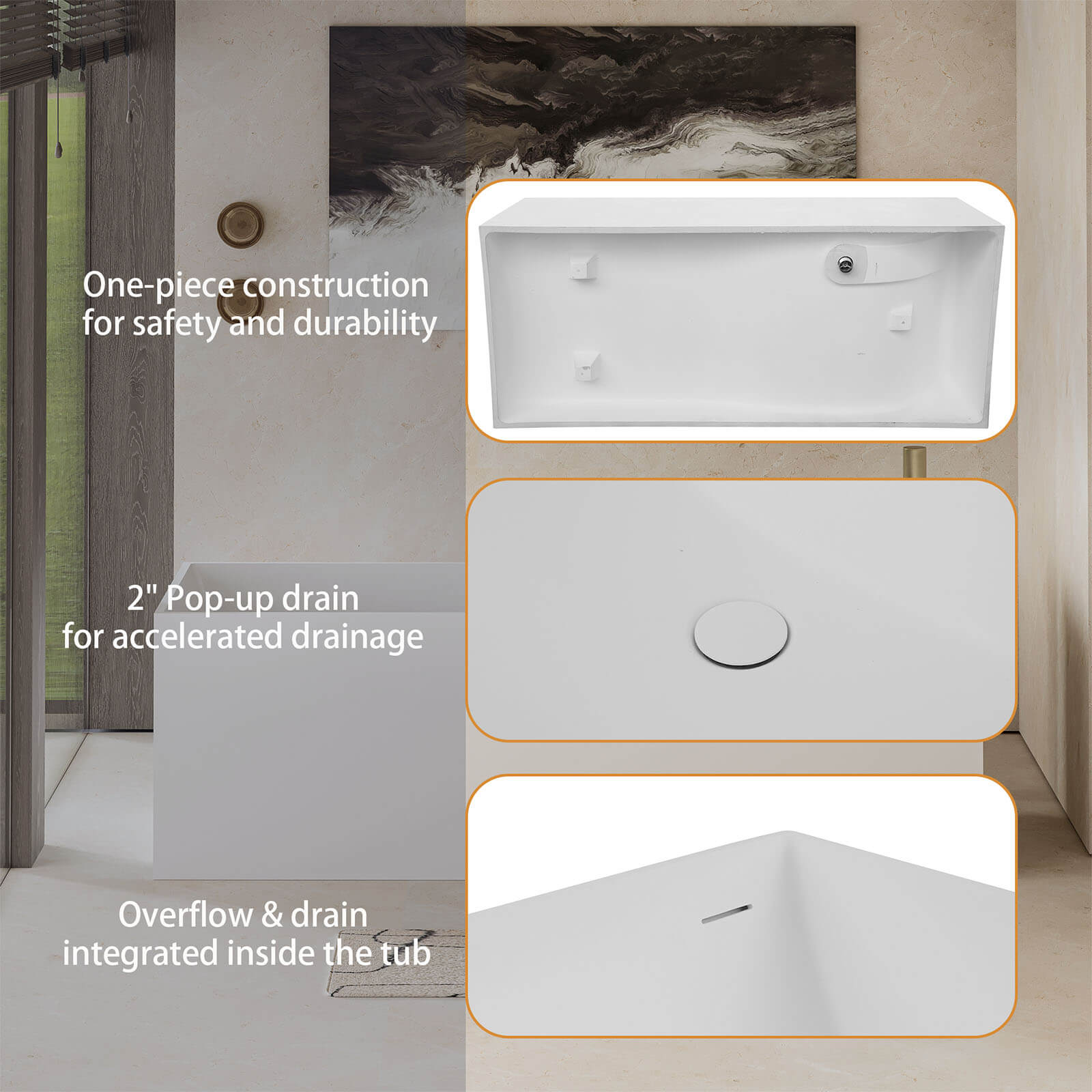 67&quot; Freestanding Rectangular Bathtub with Ergonomic Backrest