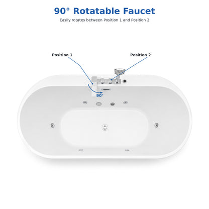 67 inch acrylic hydrotherapy bathtub 90 degree rotatable faucet isolated top view on white background with position diagram and blue labels