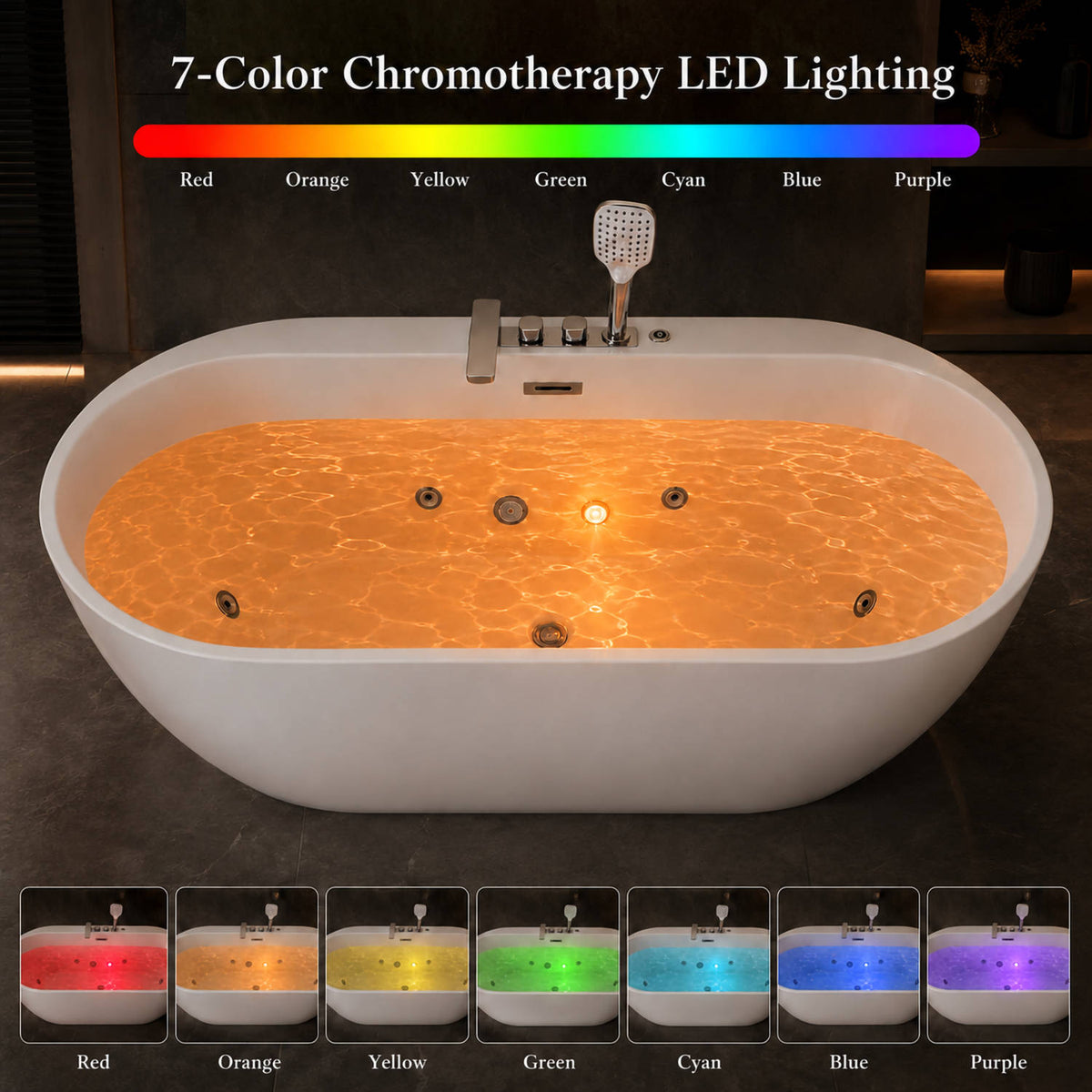67 inch acrylic jetted tub 7 color chromotherapy LED underwater lighting red orange yellow green cyan blue purple mood illumination