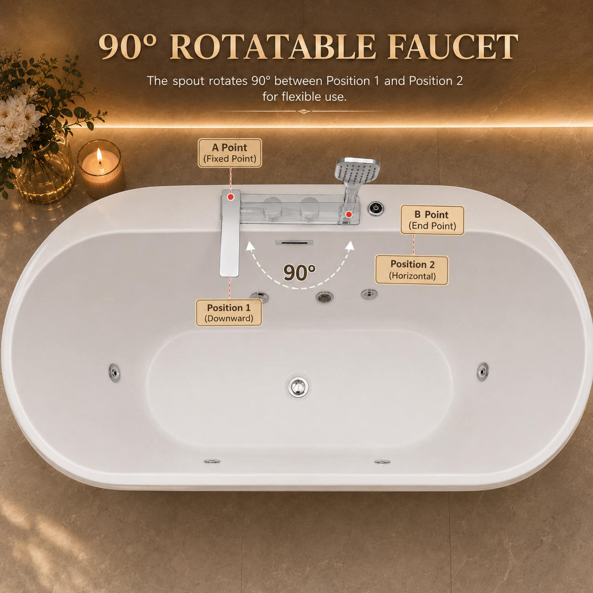 67 inch acrylic massage bathtub 90 degree rotatable faucet top view spout swivels between downward and horizontal position with labels