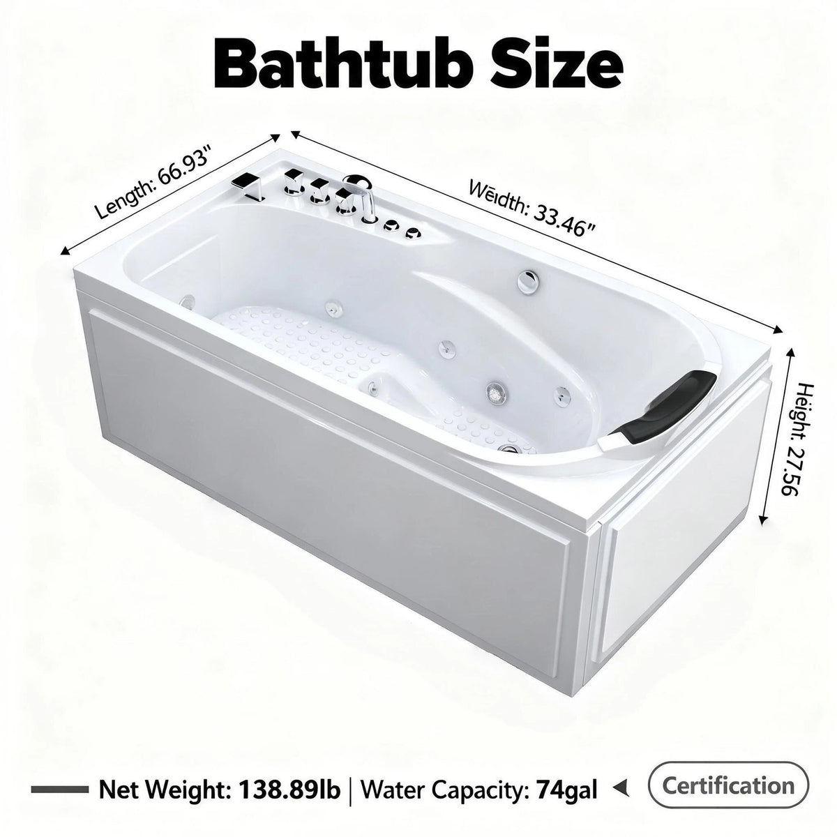 67 inch acrylic whirlpool bathtub dimensions 66.93 inch length 33.46 inch width 27.56 inch height 74 gallon capacity 138.89 lb