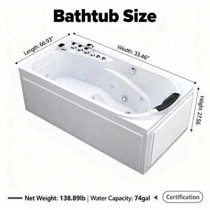 67 inch acrylic whirlpool bathtub dimensions 66.93 inch length 33.46 inch width 27.56 inch height 74 gallon capacity 138.89 lb