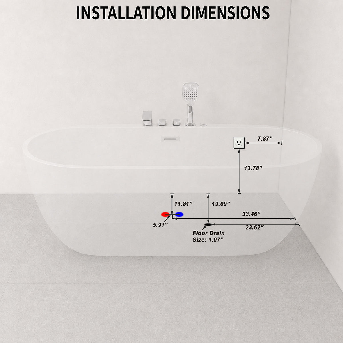 67 inch acrylic whirlpool bathtub installation dimensions floor drain outlet and power socket placement measurement guide