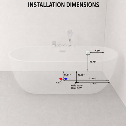 67 inch acrylic whirlpool bathtub installation dimensions floor drain outlet and power socket placement measurement guide