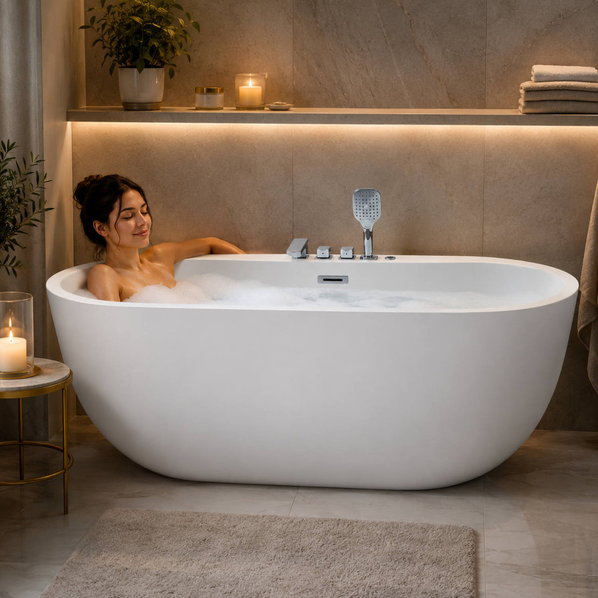 67 inch acrylic whirlpool jetted tub lifestyle bubble bath scene with woman relaxing in spa bathroom candles and ambient lighting