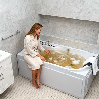 67 inch jetted massage bathtub lifestyle with woman in bathrobe sitting by bubbling water in marble bathroom with towel and vanity