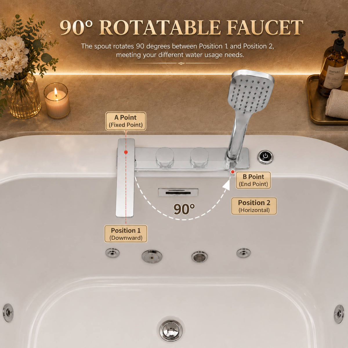 67 inch jetted whirlpool tub 90 degree swivel faucet close up showing chrome spout rotation mechanism and handheld shower head detail