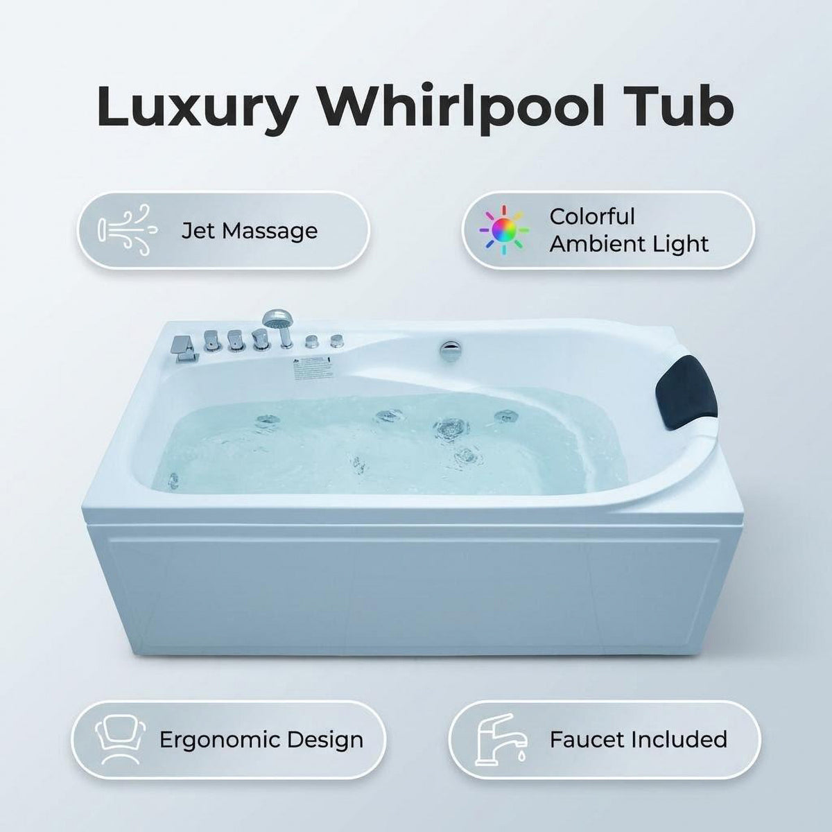 67 inch luxury whirlpool bathtub features jet massage colorful ambient light ergonomic design and chrome faucet included with water jets